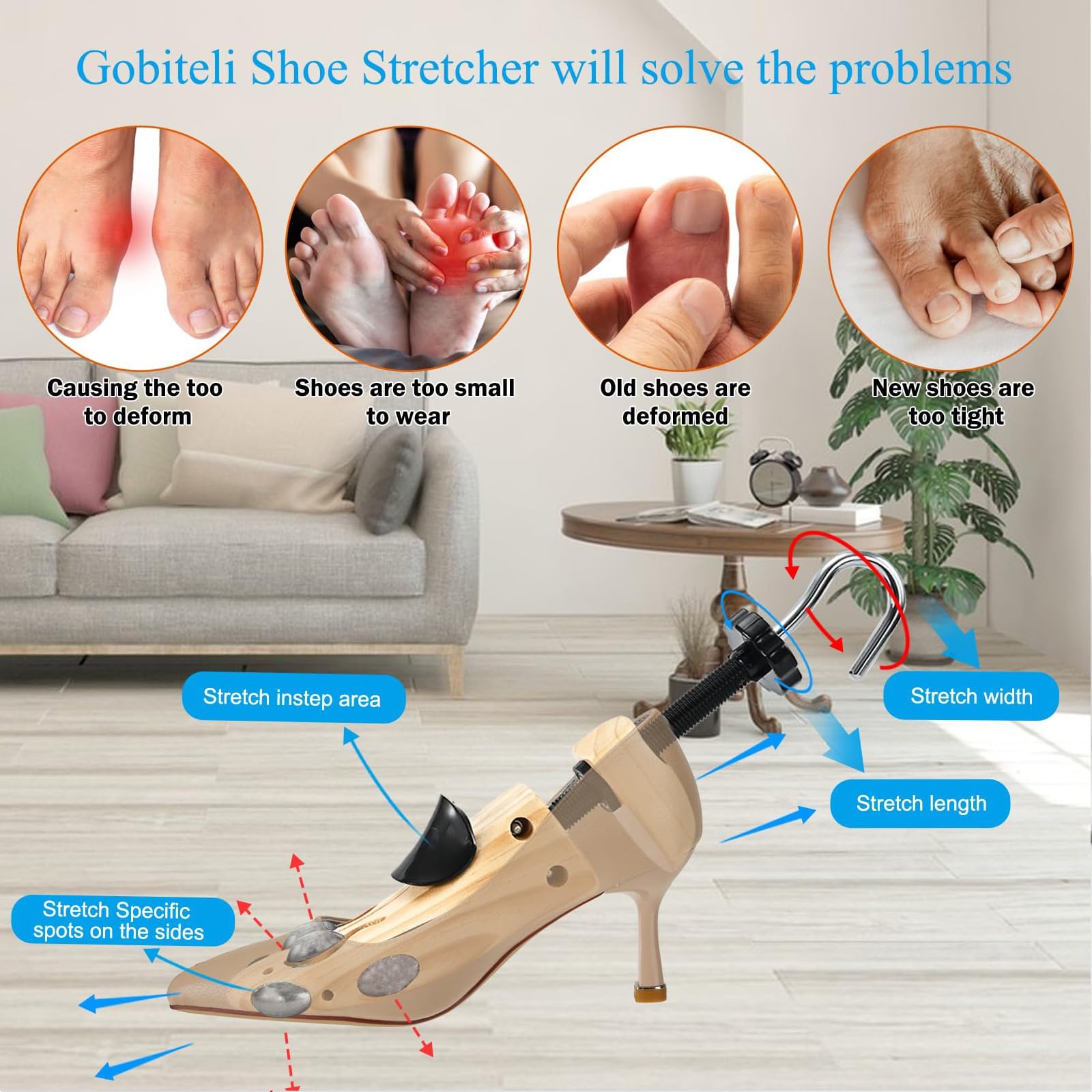 Gobiteli Wooden Shoe Stretcher, Pair of 4-Way Widener Length Expander Shoe Tree With Metal Plug,Shoe Stretcher for Women (S for Women