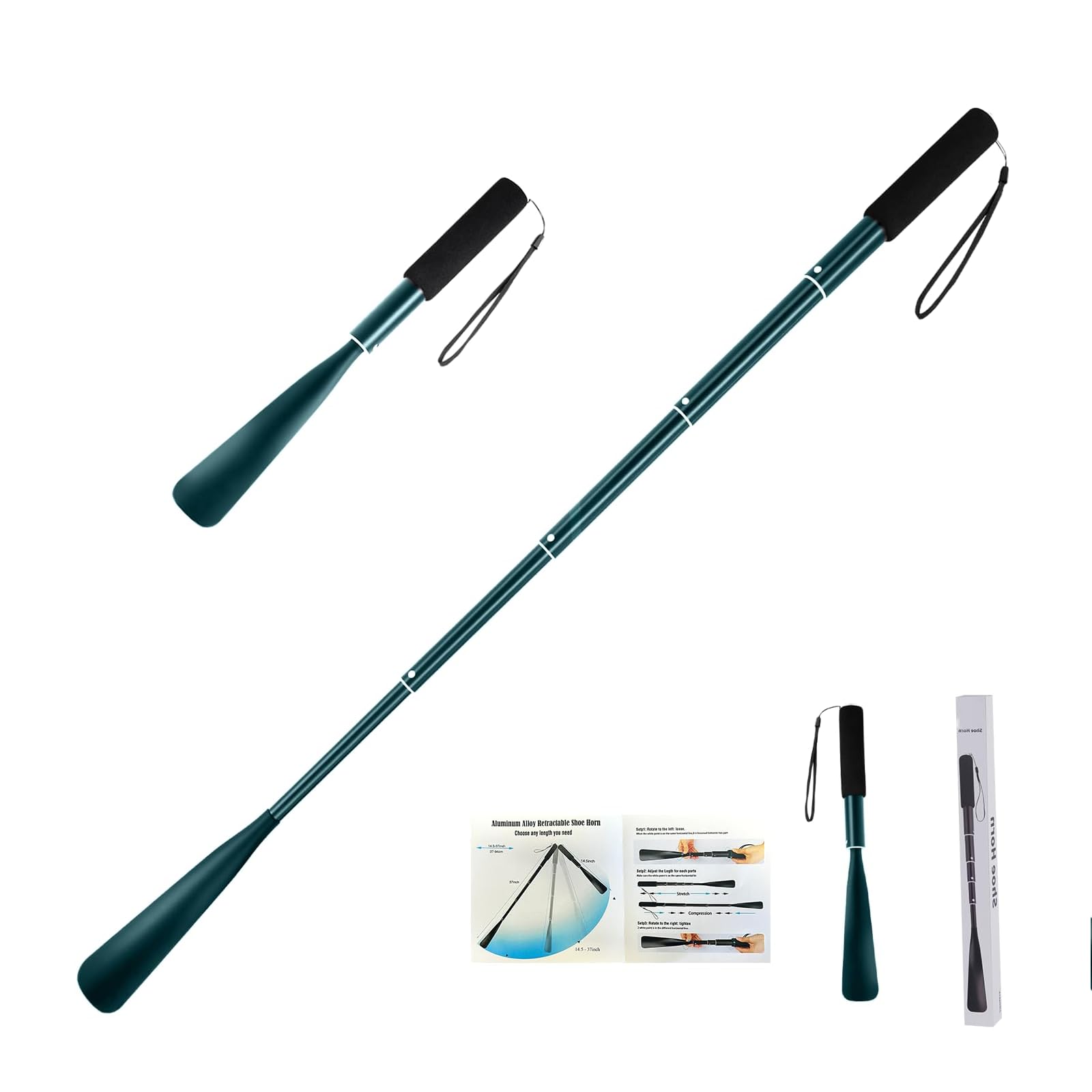 Gobiteli Shoe Horn,14.5"-37" Retractable Aluminum Shoe Horn Long Handle for Seniors,Men,Women and Kids(Blue)