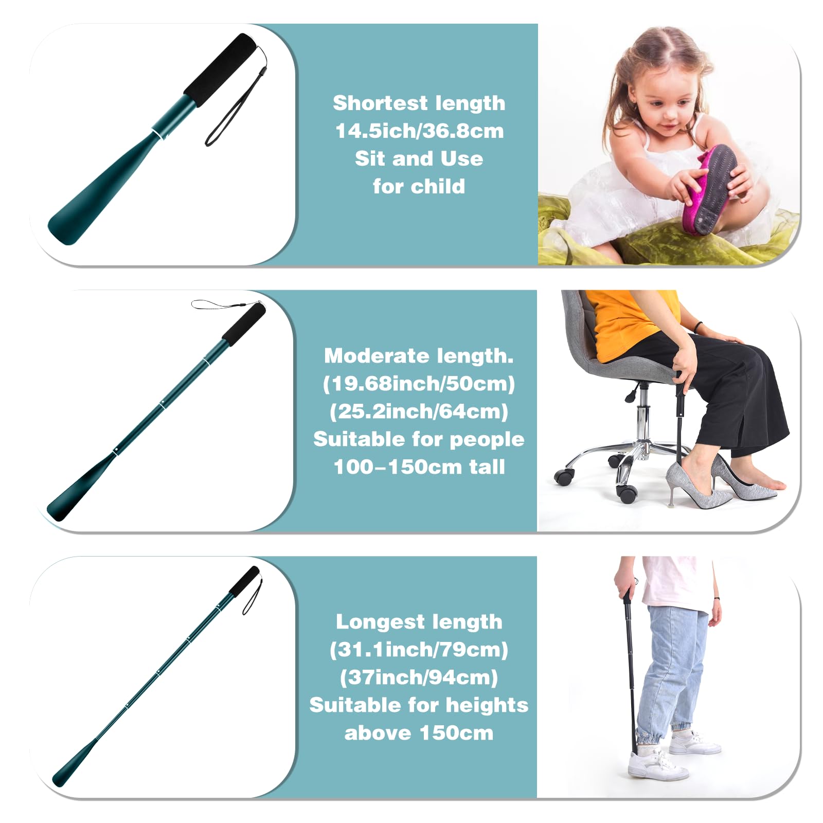 Gobiteli Shoe Horn,14.5"-37" Retractable Aluminum Shoe Horn Long Handle for Seniors,Men,Women and Kids
